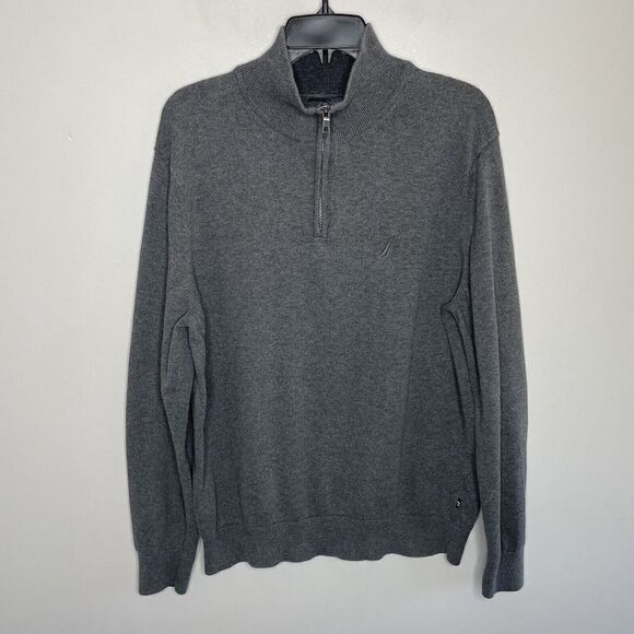 NAUTICA Mens Gray Lightweight Knit 1/4-Zip Pullover Sweater Sz L 100% Cotton - Picture 1 of 9